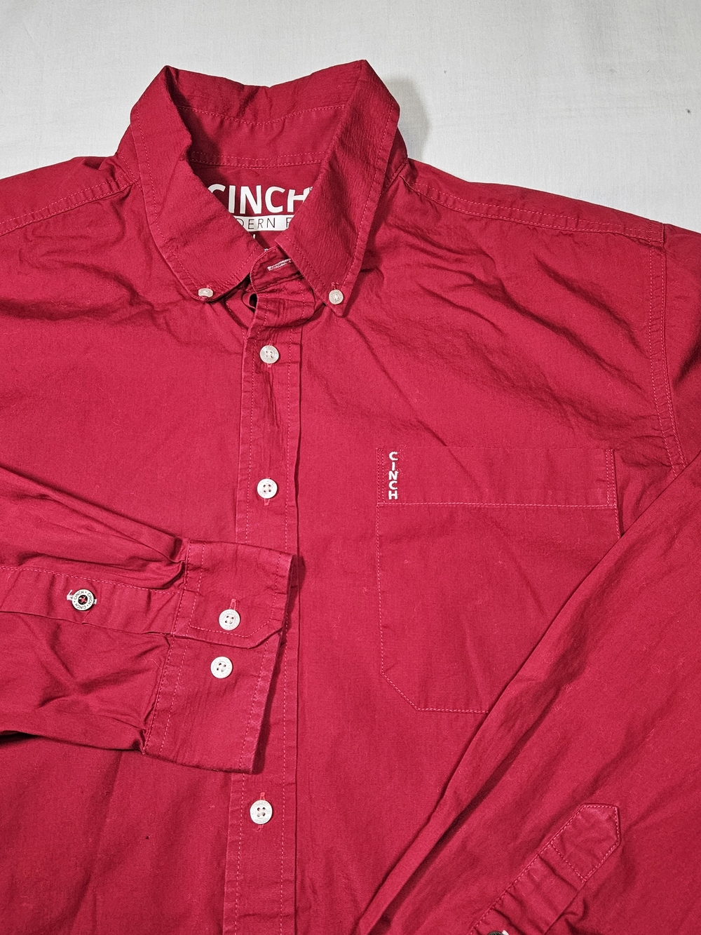 Cinch Modern Fit Men's Red Long Sleeve Button Down Shirt Size Large 100% Cotton